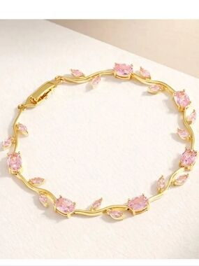 Tulip Gold-Tone Pink Crystal Bracelet New In Gift Box
